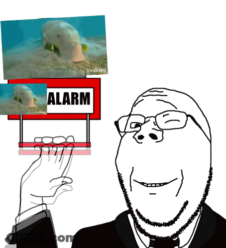 Cartoon Of Man Pressing Alarm Next To Fish GIF