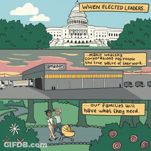 A Cartoon Of A Man Pushing A Baby In Front Of An Amazon Building GIF