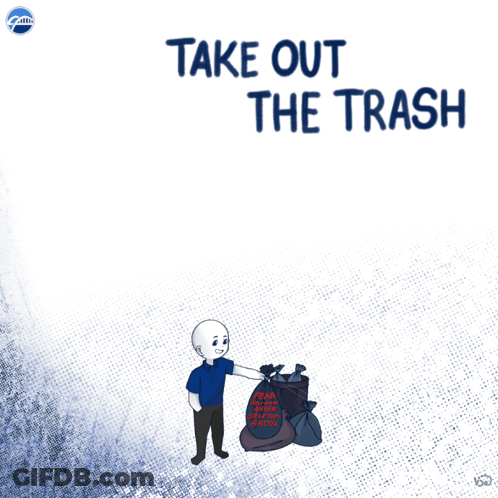 A Cartoon Of A Man Putting A Bag Of Trash Into A Trash Can GIF