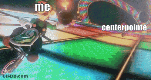 A Cartoon Of A Man Riding A Bike With The Words " Me Centerpointe " Below Him GIF