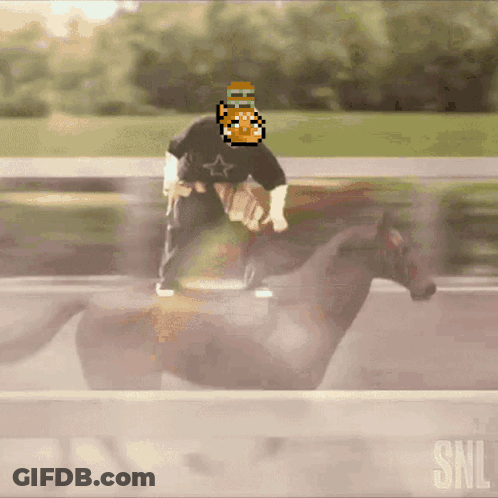 A Cartoon Of A Man Riding A Horse With A Snl Logo In The Background GIF