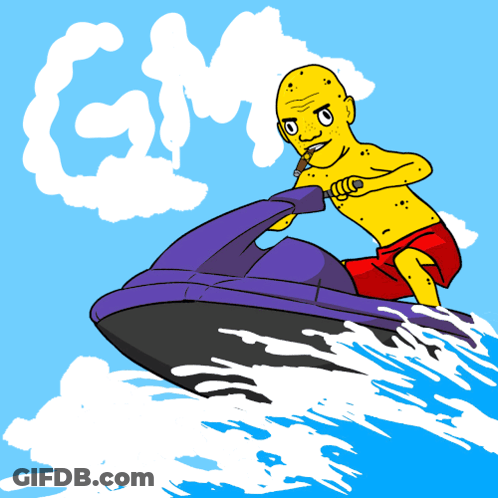 A Cartoon Of A Man Riding A Jet Ski In The Ocean GIF