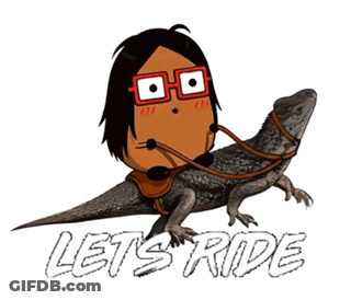 A Cartoon Of A Man Riding A Lizard With The Words Let 'S Ride Below GIF