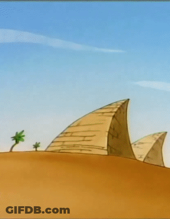 A Cartoon Of A Man Riding A Motorcycle In A Desert GIF