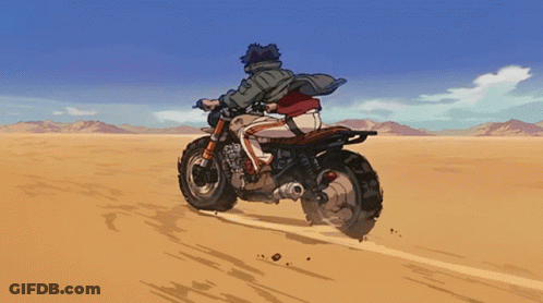 A Cartoon Of A Man Riding A Motorcycle In The Desert GIF