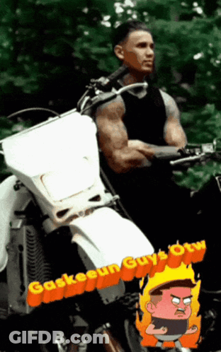 A Cartoon Of A Man Riding A Motorcycle With The Words Gaskooun Guys Otw On The Bottom GIF