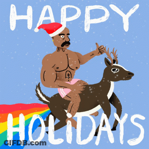 A Cartoon Of A Man Riding A Reindeer With The Words " Happy Holidays " Below Him GIF