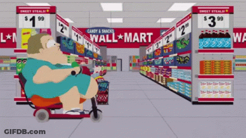 A Cartoon Of A Man Riding A Scooter In A Wal Mart GIF