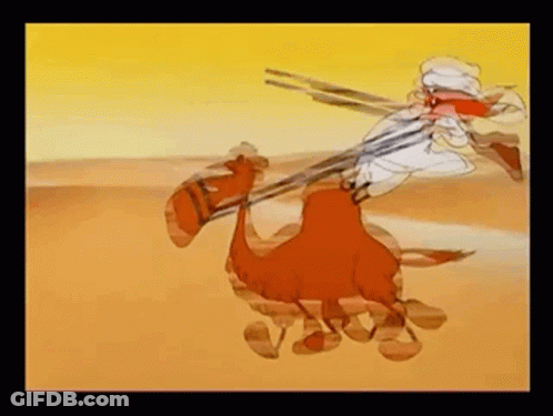 A Cartoon Of A Man Riding On The Back Of A Camel In The Desert GIF