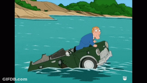 A Cartoon Of A Man Riding On The Back Of A Green Car In The Water GIF
