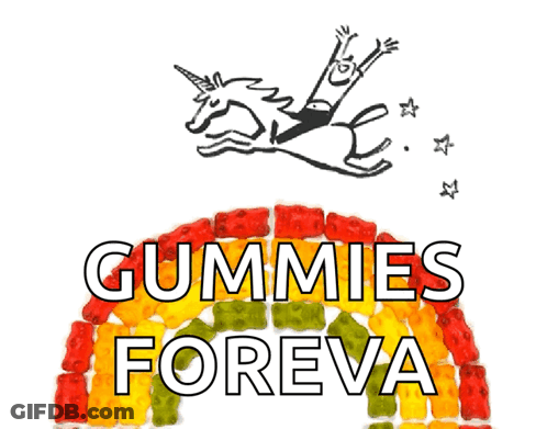 A Cartoon Of A Man Riding On The Back Of A Unicorn With The Words Gummies Foreva Below It GIF