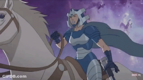 A Cartoon Of A Man Riding On The Back Of A White Horse With A Hammer In His Hand GIF