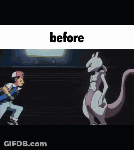 A Cartoon Of A Man Running Away From A Purple And White Pokemon With The Words Before Below It GIF