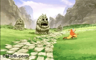A Cartoon Of A Man Running In A Field With A Statue In The Background GIF