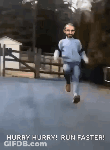 A Cartoon Of A Man Running With The Words Hurry Hurry Run Faster At The Bottom GIF