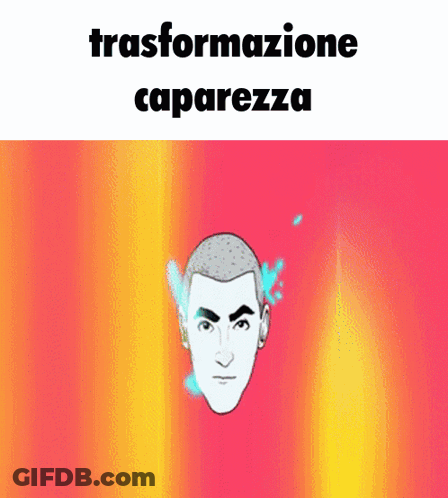 A Cartoon Of A Man 'S Face With The Words " Trasformazione Capacezza " Above It GIF