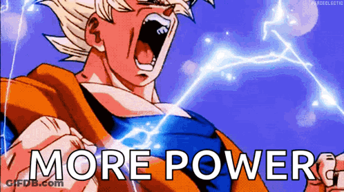 A Cartoon Of A Man Screaming With The Words " More Power " Below Him GIF