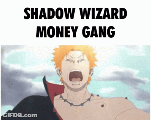 A Cartoon Of A Man Screaming With The Words `` Shadow Wizard Money Gang '' Written Above Him . GIF