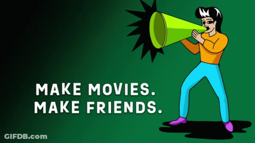 A Cartoon Of A Man Shouting Into A Megaphone With The Words Make Movies Make Friends Below Him GIF