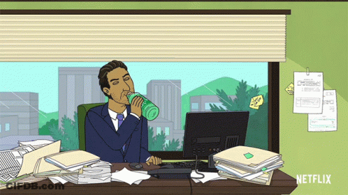 A Cartoon Of A Man Sitting At A Desk Drinking From A Green Bottle With Netflix Written On The Bottom GIF