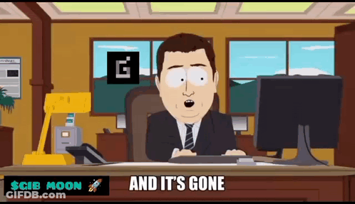A Cartoon Of A Man Sitting At A Desk With A Computer And The Words And It 'S Gone Below Him GIF