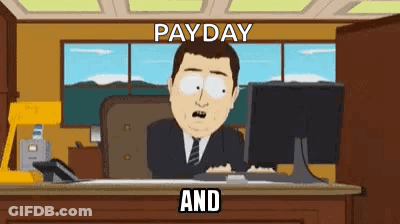 A Cartoon Of A Man Sitting At A Desk With A Computer And The Words `` Payday And '' . GIF