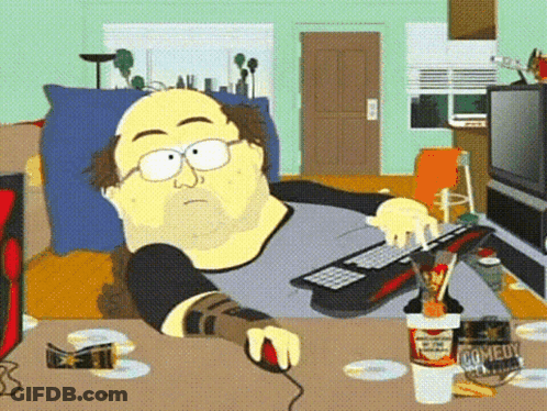 A Cartoon Of A Man Sitting At A Desk With A Keyboard And A Can Of Comedy Crackers GIF