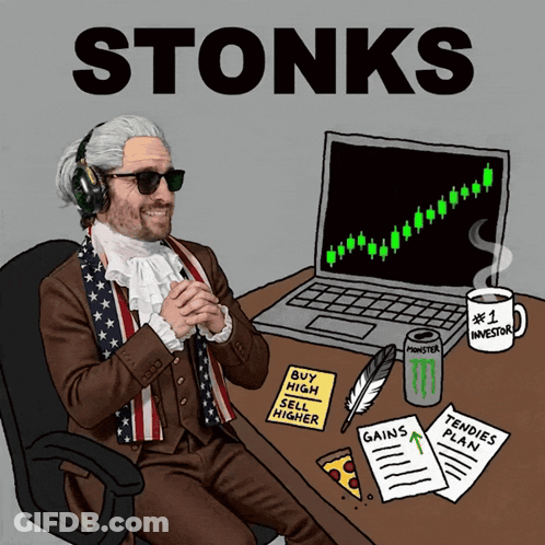 A Cartoon Of A Man Sitting At A Desk With A Laptop And A Mug That Says # 1 Investor On It GIF