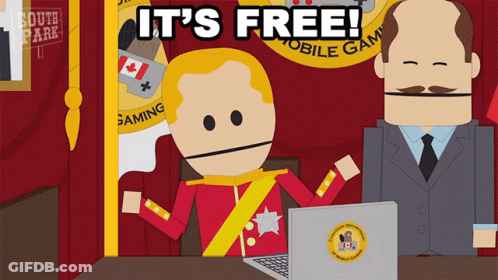 A Cartoon Of A Man Sitting At A Desk With A Laptop And The Words " It 'S Free " Above Him GIF