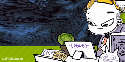 A Cartoon Of A Man Sitting At A Desk With A Tablet On It GIF