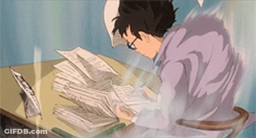 A Cartoon Of A Man Sitting At A Desk With Papers On It GIF