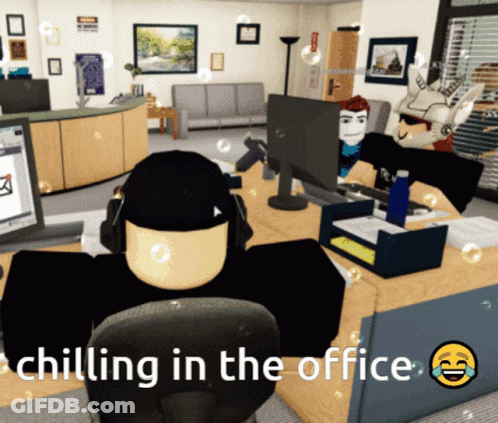 A Cartoon Of A Man Sitting At A Desk With The Caption Chilling In The Office GIF