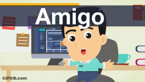 A Cartoon Of A Man Sitting At A Desk With The Word Amigo On The Top GIF