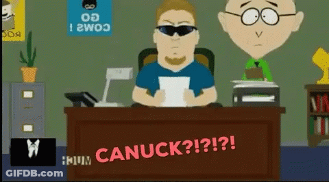 A Cartoon Of A Man Sitting At A Desk With The Words " Canuck " Written On It GIF