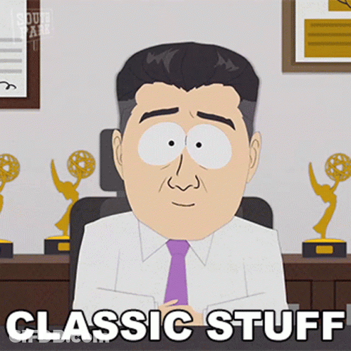 A Cartoon Of A Man Sitting At A Desk With The Words Classic Stuff Above Him GIF