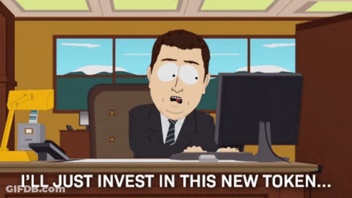 A Cartoon Of A Man Sitting At A Desk With The Words I 'Ll Just Invest In This GIF