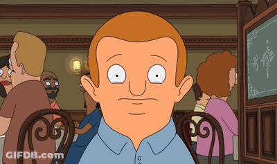 A Cartoon Of A Man Sitting At A Table In Front Of A Menu GIF