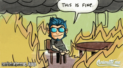 A Cartoon Of A Man Sitting At A Table Saying " This Is Fine " GIF