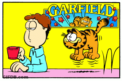 A Cartoon Of A Man Sitting At A Table With A Cup Of Coffee And Garfield In The Background GIF