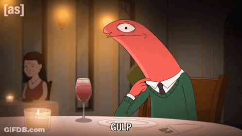 A Cartoon Of A Man Sitting At A Table With A Glass Of Wine And The Word Gulp On The Bottom GIF