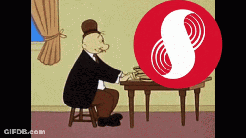 A Cartoon Of A Man Sitting At A Table With A Red Circle With A White S On It GIF