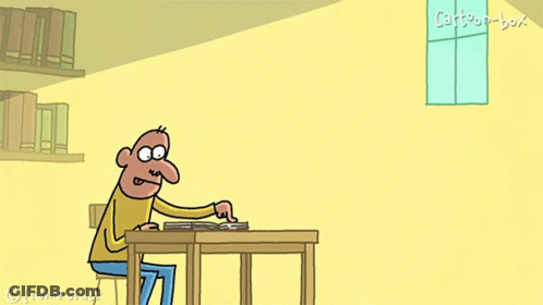 A Cartoon Of A Man Sitting At A Table With Cartoon Box Written On The Window Behind Him GIF