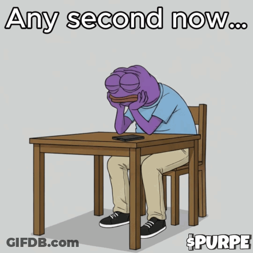 A Cartoon Of A Man Sitting At A Table With The Words Any Second Now On The Bottom GIF