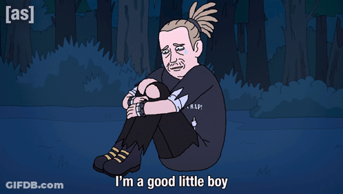 A Cartoon Of A Man Sitting Down With The Words I 'M A Good Little Boy Above Him GIF
