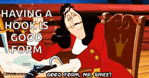 A Cartoon Of A Man Sitting In A Chair Holding A Sword And A Hook . GIF