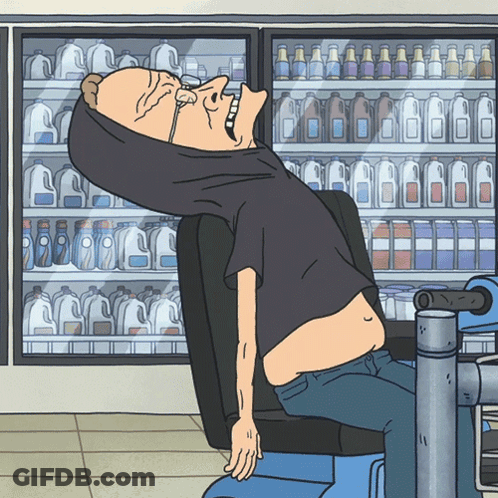 A Cartoon Of A Man Sitting In A Chair In Front Of A Refrigerator Full Of Milk GIF
