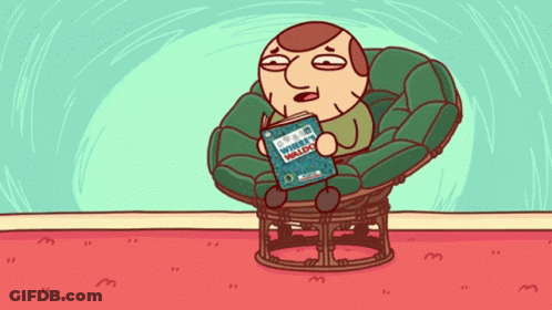 A Cartoon Of A Man Sitting In A Chair Reading A Book Called Where 'S Waldo GIF
