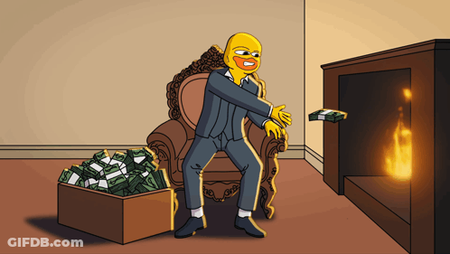 A Cartoon Of A Man Sitting In A Chair With A Box Full Of Money GIF