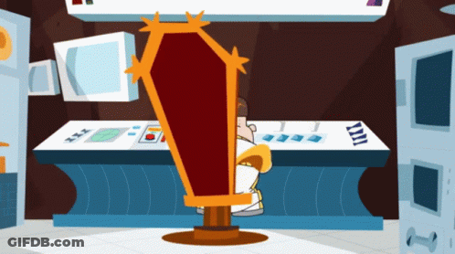 A Cartoon Of A Man Sitting In A Chair With A Coffin In Front Of Him GIF