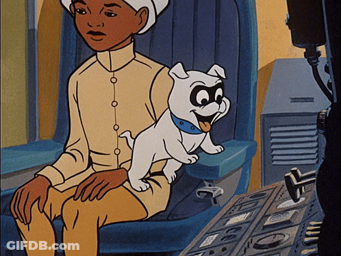 A Cartoon Of A Man Sitting In A Chair With A Dog On His Lap GIF